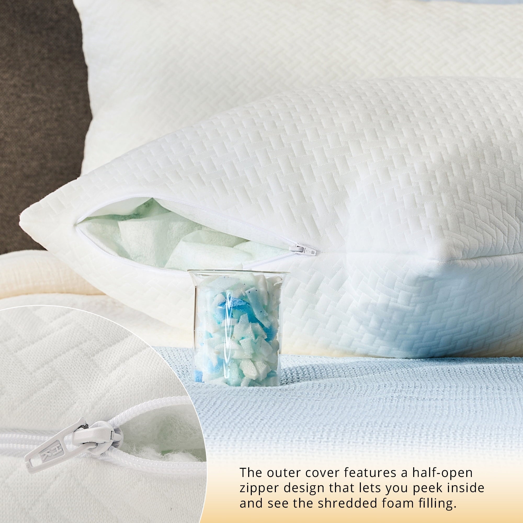 Ergonomic Memory Foam 2 Pack Bed Pillow, Shredded Gel Memory Foam Pillow, Standard Queen, Medium, Made in USA - Hotel Quality Plush Sleeping Pillows Detail