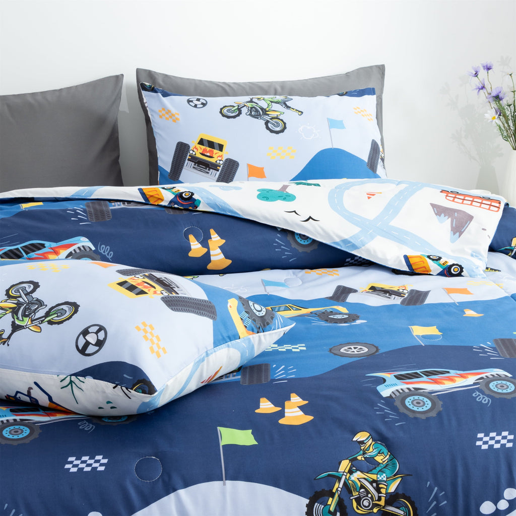 Luxurious Quilted 3Pcs Reversible Construction Truck Twin Comforter Set for Boys Kids Excavator Vehicle Motorcycle Bedding Set Blue - Luxurious Quilted Duvet Cover Set Detail