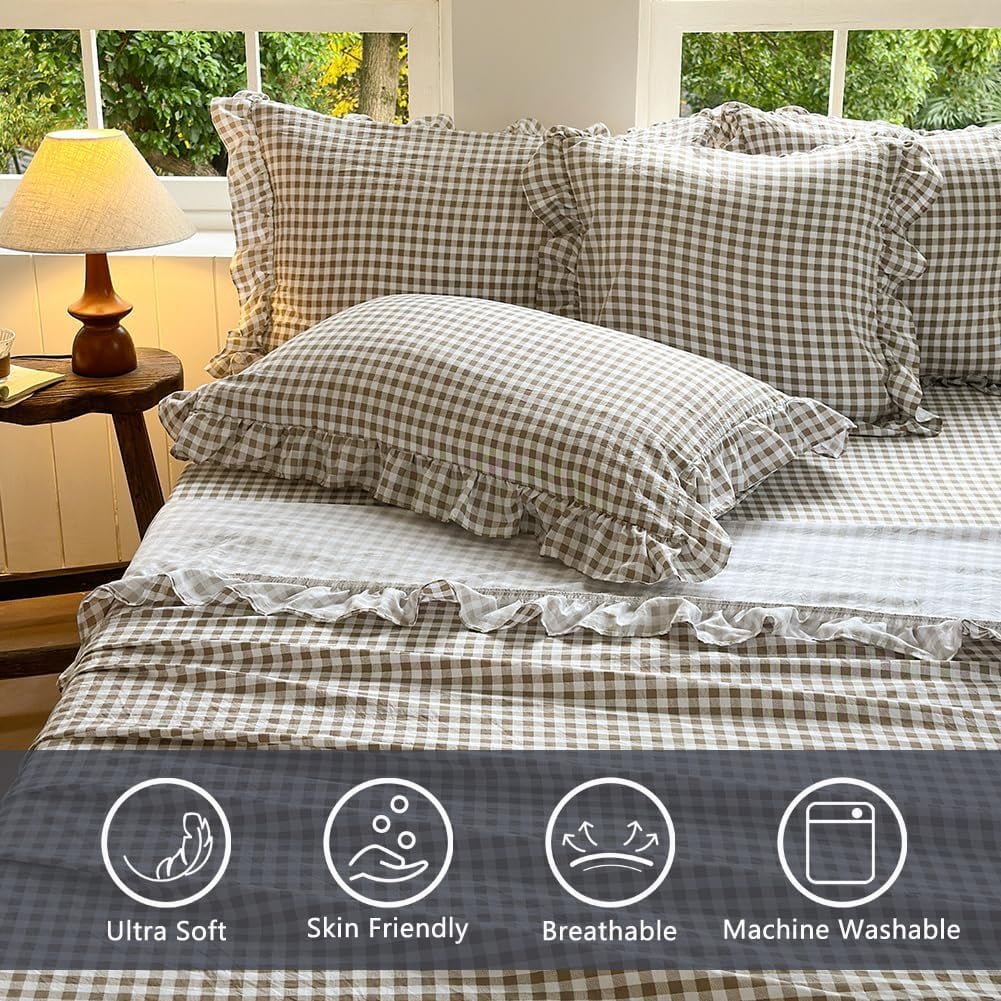 Premium Egyptian Cotton Tan Gingham Ruffle Queen Sheet Set, Taupe Soft Pre-Washed Microfiber Plaid Ruffled Queen Bed Sheets, 4-Pieces Farmhou... - Premium Ultra-Soft Pillowcase Pair for Sleeping Detail
