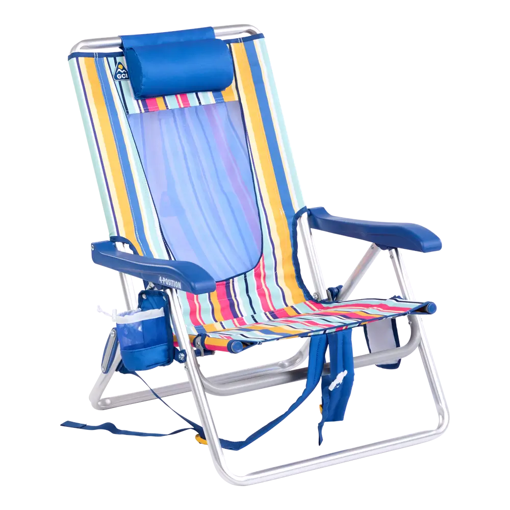Reclining Beach Backpack Beach Chair - Choice 709 - Multi-Position Outdoor Beach Chair with Pillow - Multi Stripe