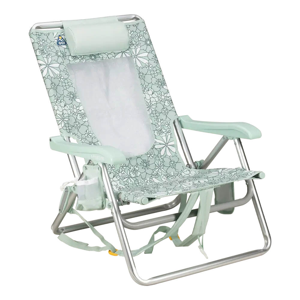 Reclining Beach Backpack Beach Chair - Choice 709 - Multi-Position Outdoor Beach Chair with Pillow - Floral Pastel Green