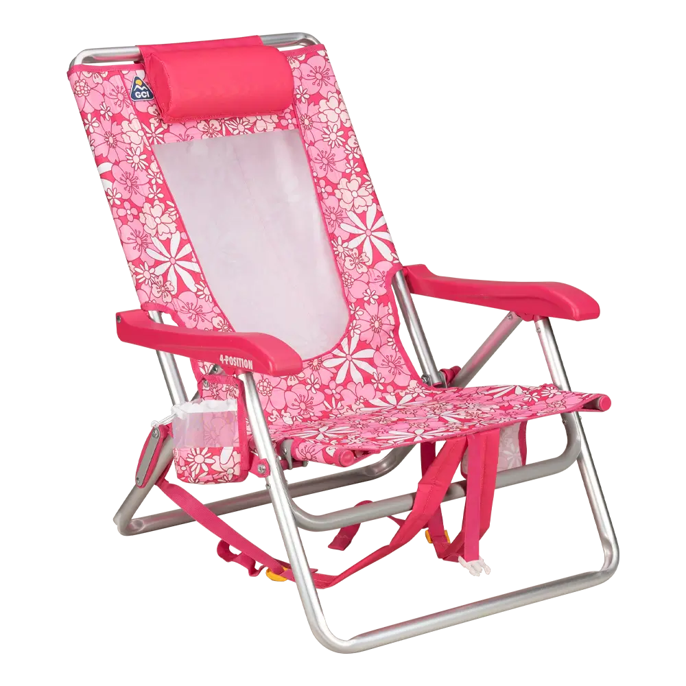 Reclining Beach Backpack Beach Chair - Choice 709 - Multi-Position Outdoor Beach Chair with Pillow - Floral Sport Pink