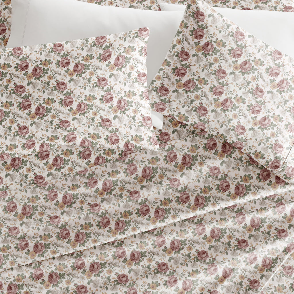 Breathable Luxury 4 Piece Pattern Microfiber Bed Sheets Set, Blooming Floral Rose, Queen - Luxury Bed Sheet Set with Deep Pockets Detail