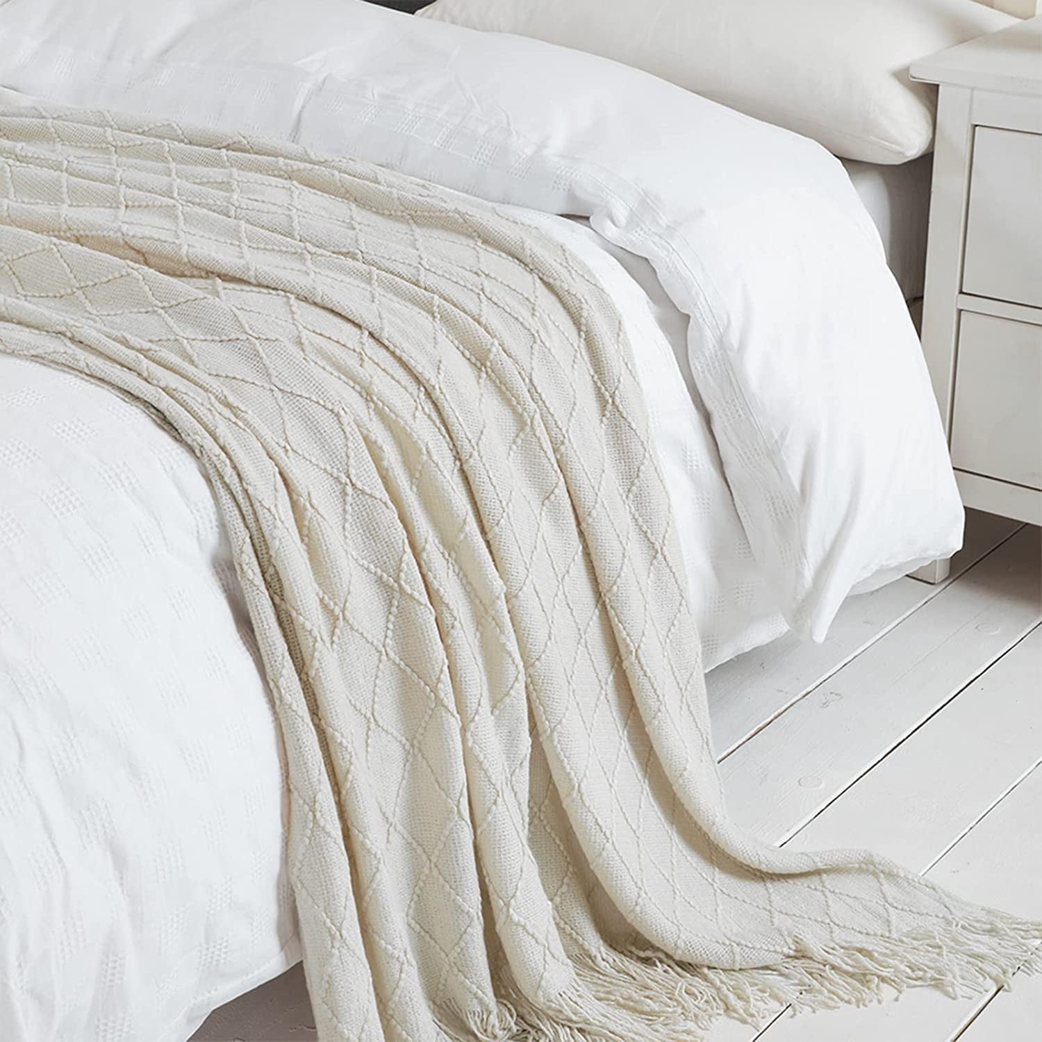 Decorative Knitted Rhombus Beige Throw Blanket, Soft and Lightweight, 50"x 60" - Luxury Knitted Decorative Throw Blanket with Fringes Detail