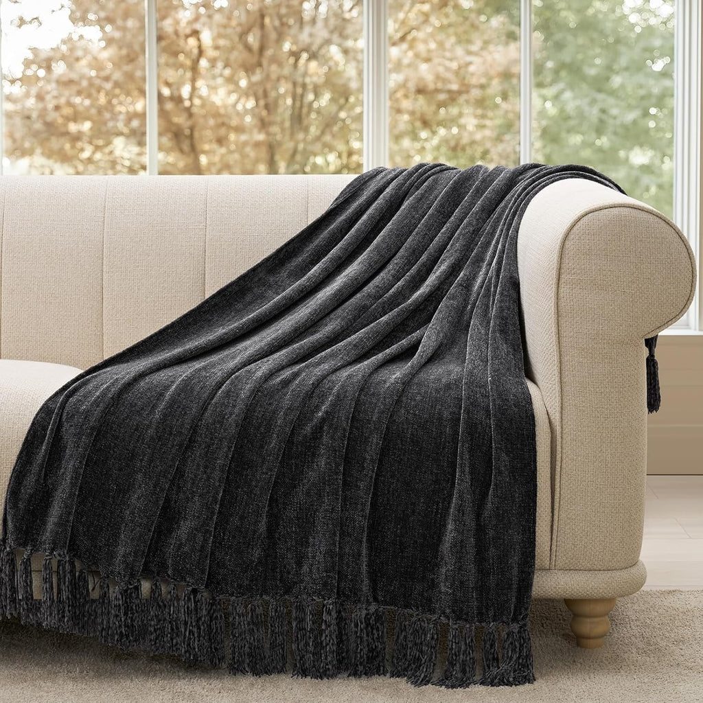 Lightweight Warm Soft Chenille Throw Blanket for Couch, Cozy Plush Fuzzy Decorative Chenille Knit Throw Blanket with Tassels, Lightwei... - Lightweight Plush Warm Blanket for All Seasons Detail