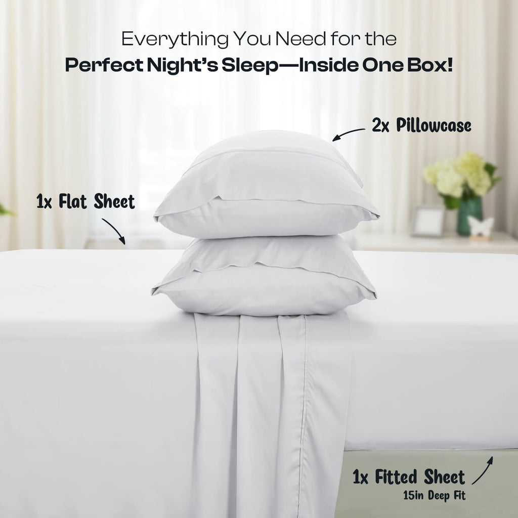 Premium Egyptian Cotton IR 3 Piece 1800 Series Deep Pocket Soft Microfiber Solid Bed Sheet Set for Kids, White Twin Size - Premium Ultra-Soft Pillowcase Pair for Sleeping Detail