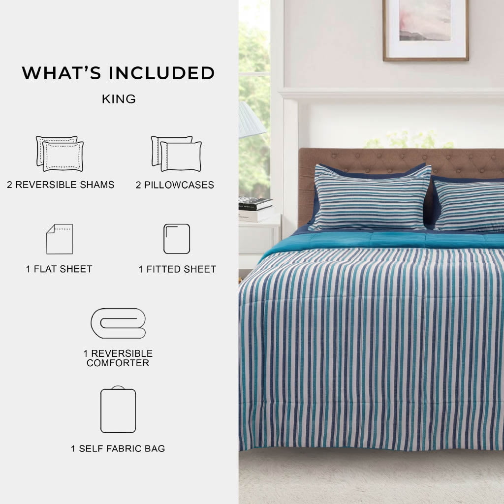 Heavyweight Warmth All in One Reversible Comforter and Sheet Set- 7 Piece, Queen, Blue Pinstripe - Hypoallergenic Ultra-Fluffy Quilt for Winter Detail