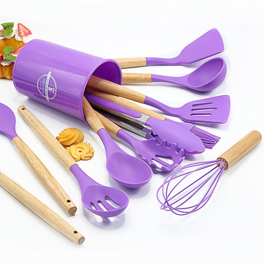 Premium Silicone 12Pcs Cooking Kitchen Utensils Set with Holder,Wooden Handles Cooking Tool,BPA Free,Non Toxic Turner Tongs Spa... - Premium Stainless Steel Cooking Utensil for Non-Stick Pots Detail