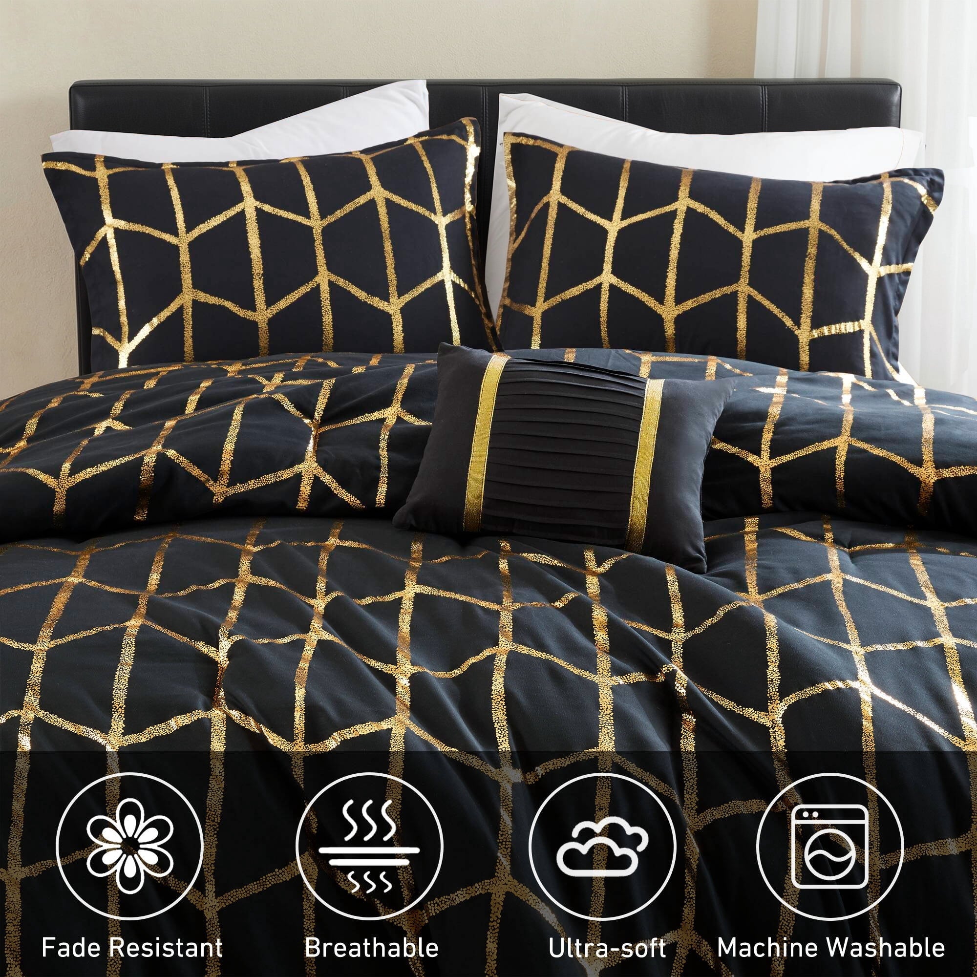 Heavyweight Warmth Full/Queen Size Comforter Set, 4-Piece Bedding Set for All Seasons, Geometric Metallic Comforter Bed Set with Decor P... - Luxurious Quilted Duvet Cover Set Detail