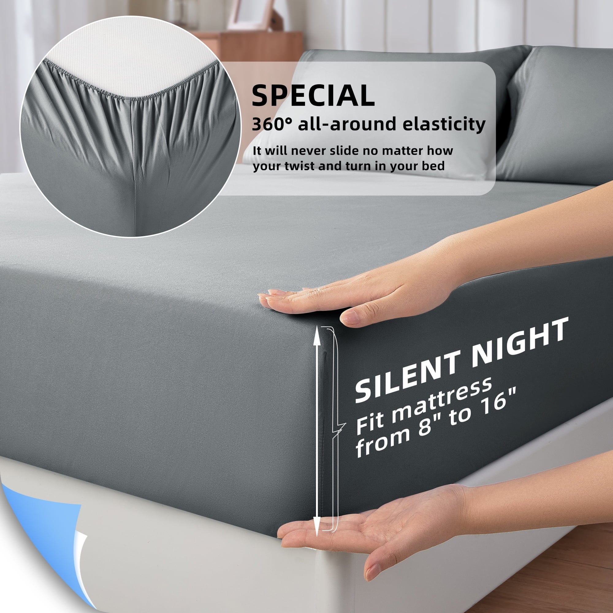 Breathable Luxury Shilucheng 4 Pieces Luxury Bed Sheets Set, Plush Microfiber Bed Sheets, 16" Deep Pocket, Queen, Dark Gray - Luxury Bed Sheet Set with Deep Pockets Detail