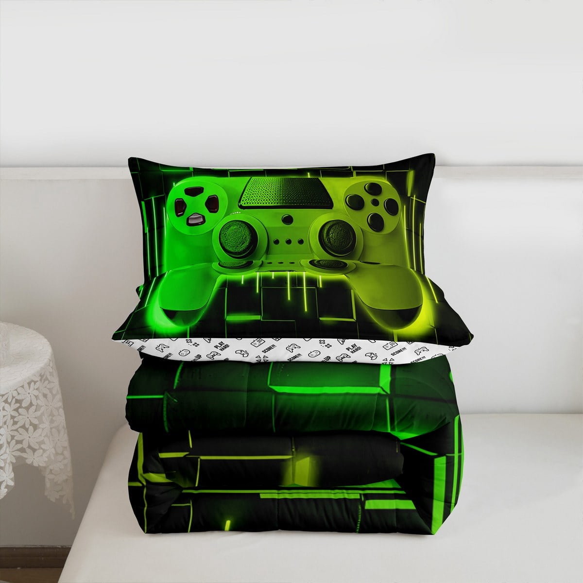 Hypoallergenic Cloud Green Yellow Gaming Full Size Comforter Sets - Gamer Comforter Full Size Bedding Set, Neon Lights Abstract Geometry D... - Cloud-Like Soft Lightweight Bed Comforter Detail