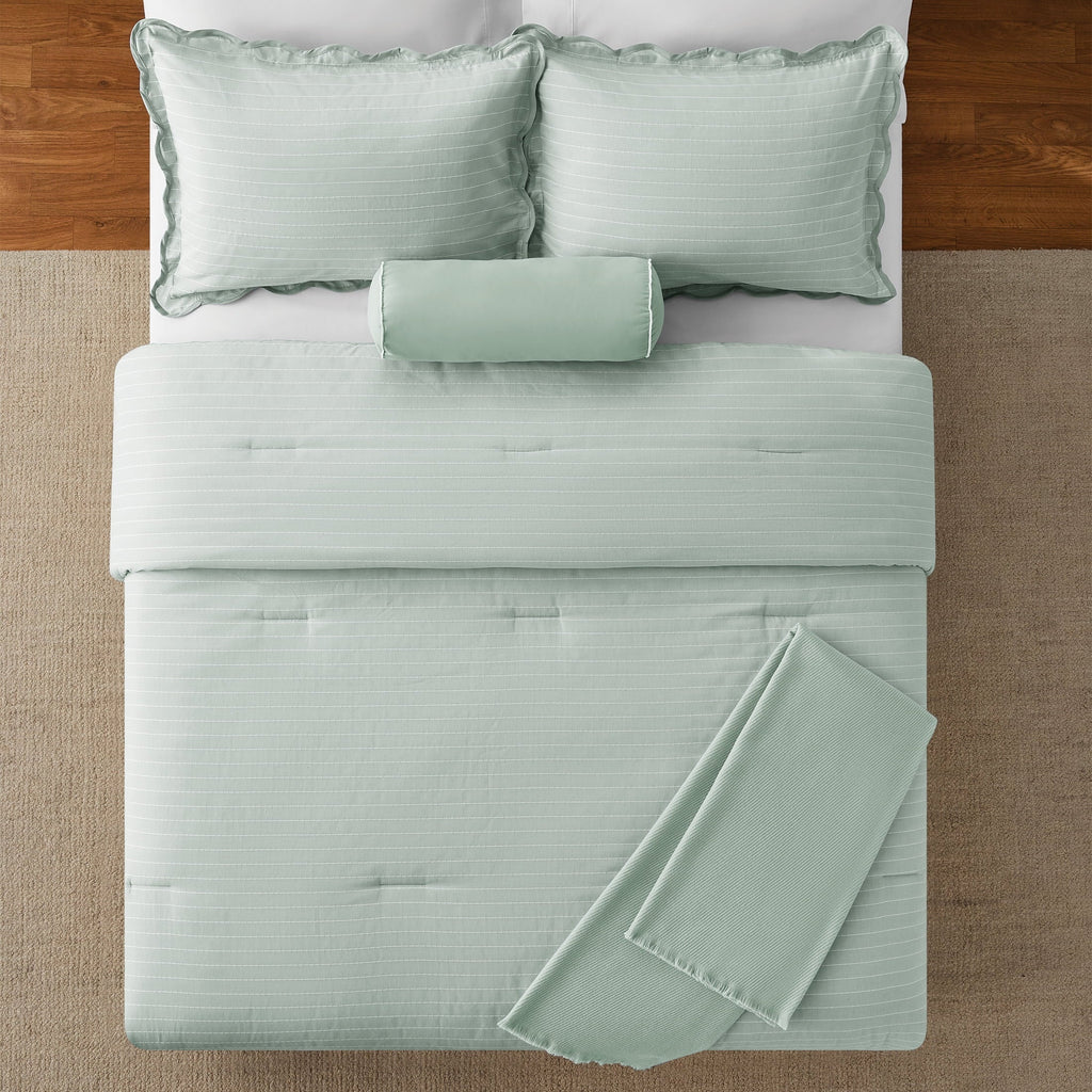 Heavyweight Warmth Full/Queen Comforter Set, All-Season, 5-Piece, Sage Pick Stitch Scallop - Luxurious Quilted Duvet Cover Set Detail