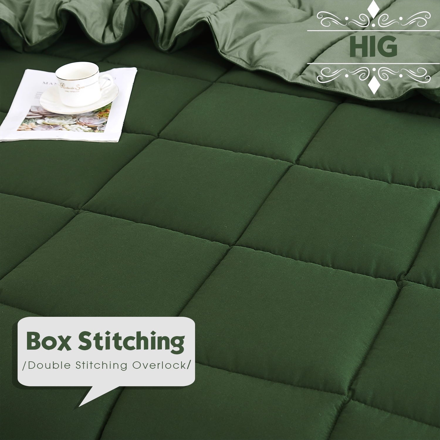 Luxurious Quilted Light Weight Down Alternative Comforter Set, Queen, Green, Reversible - Cloud-Like Soft Lightweight Bed Comforter Detail