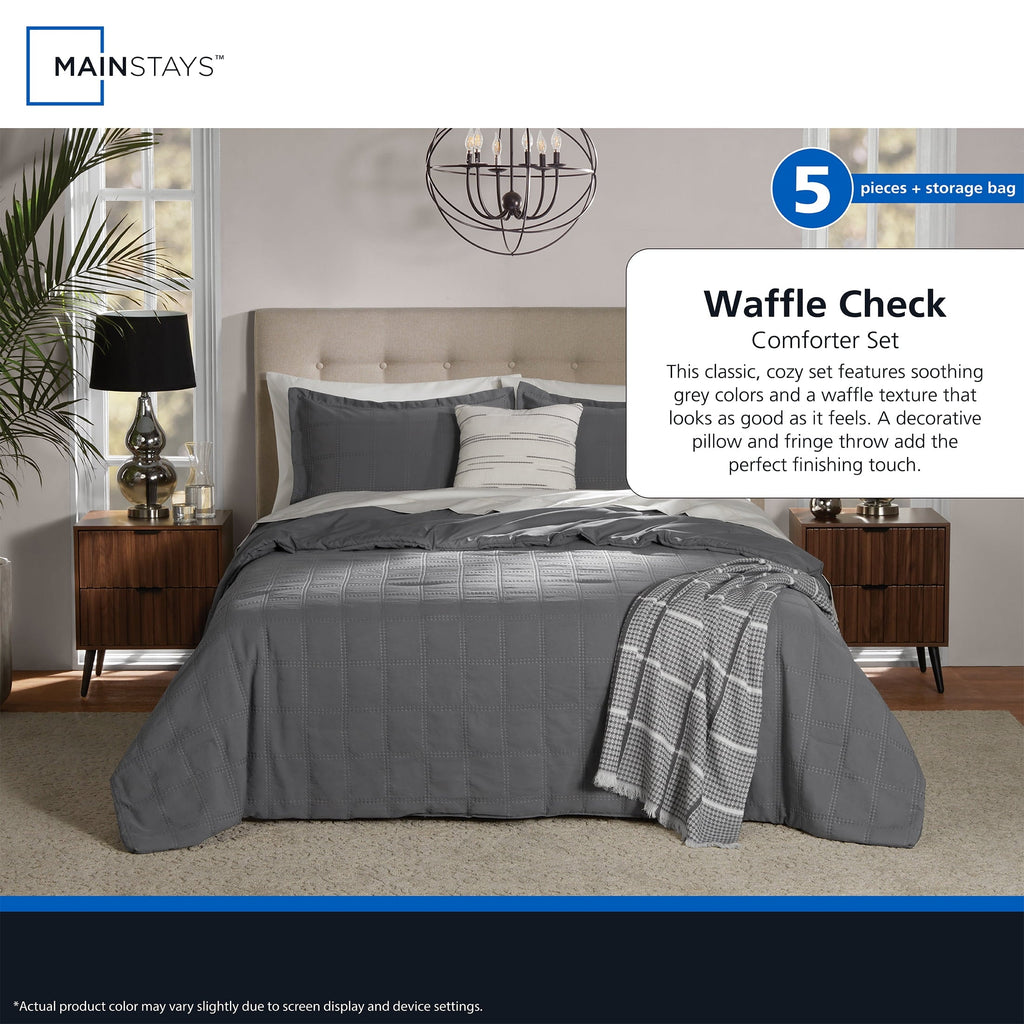 Heavyweight Warmth Full/Queen Comforter Set, All-Season, 5-Piece, Grey Waffle Check - All-Season Down Alternative Comforter Insert Detail
