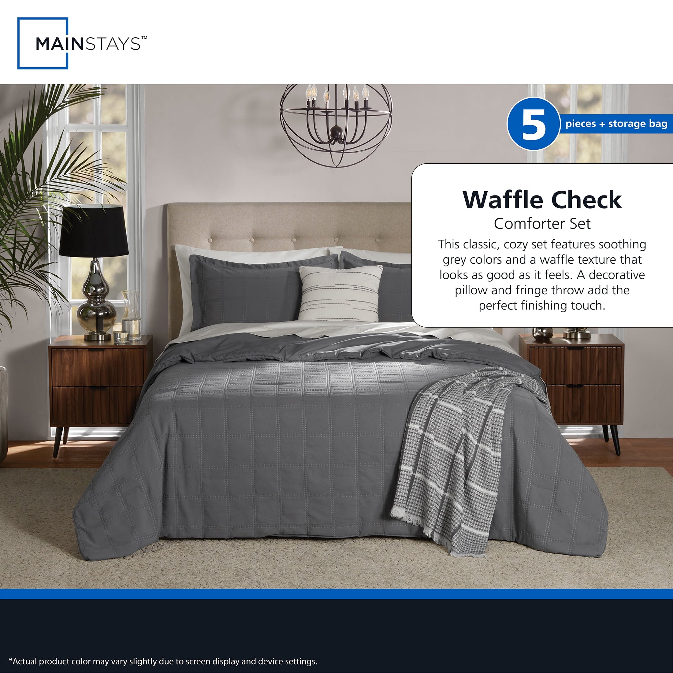 Heavyweight Warmth Full/Queen Comforter Set, All-Season, 5-Piece, Grey Waffle Check - All-Season Down Alternative Comforter Insert Detail