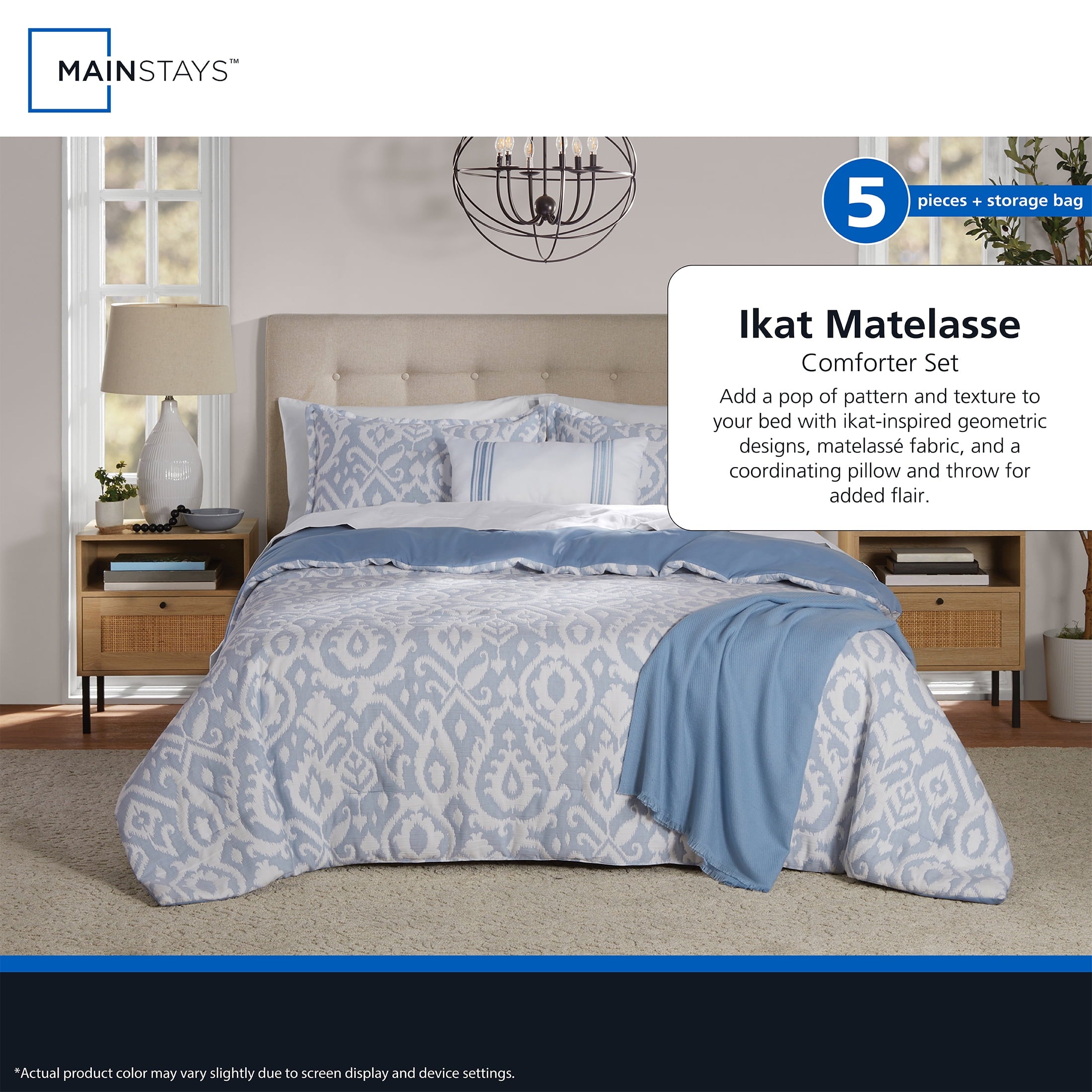 Luxurious Quilted Full/Queen Comforter Set, All-Season, 5-Piece, Blue Matelasse Ikat - All-Season Down Alternative Comforter Insert Detail