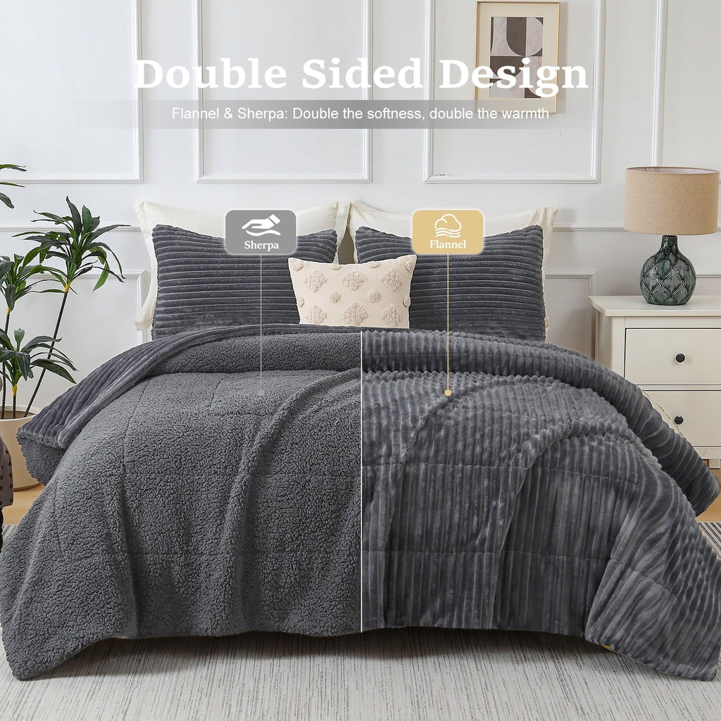 Fluffy Down Alternative 3 Piece Fleece Queen Comforter Set - Soft & Warm Fluffy Dark Gray Sherpa Bedding , Fuzzy Heavy Double Sided Design Wi... - Luxurious Quilted Duvet Cover Set Detail