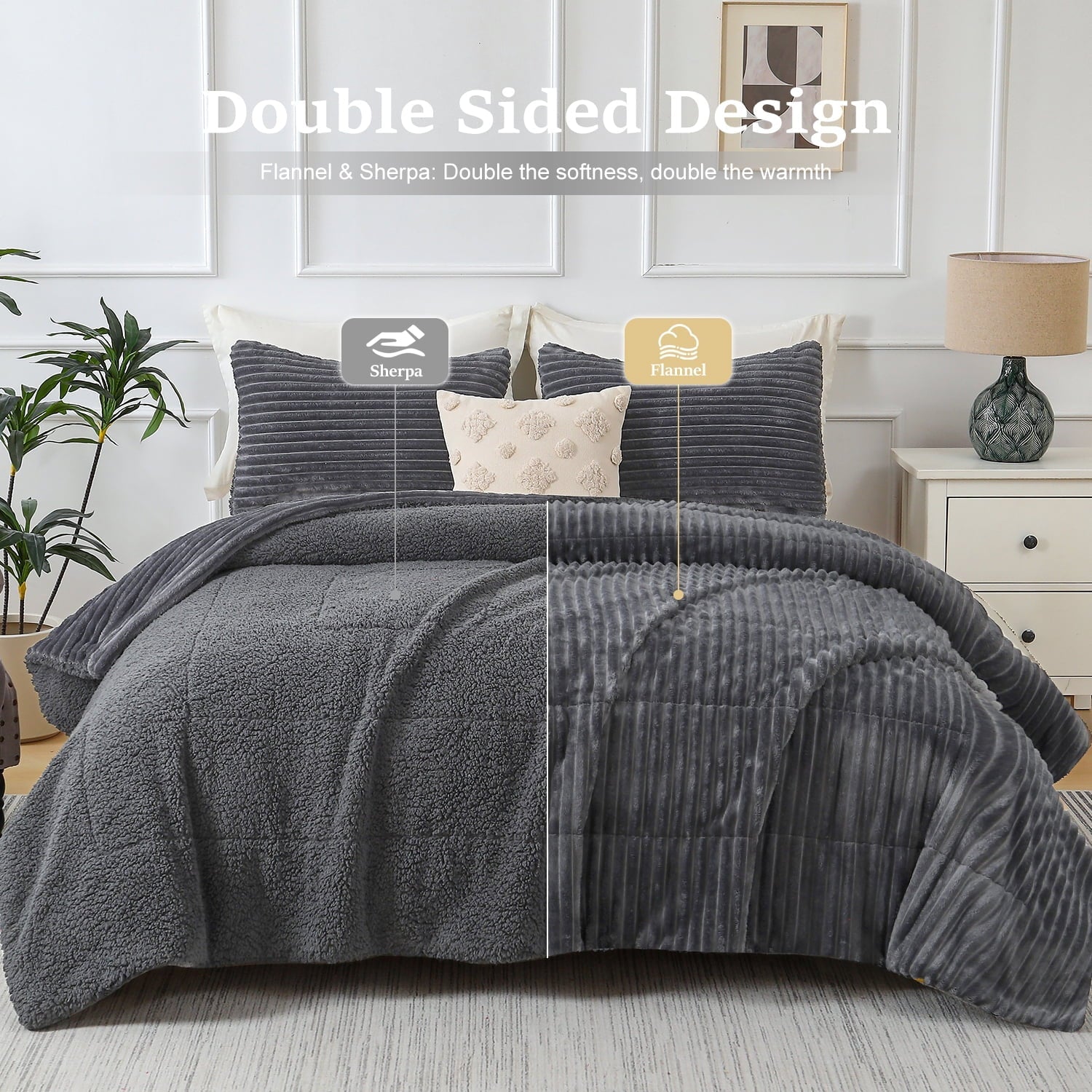 Fluffy Down Alternative 3 Piece Fleece Queen Comforter Set - Soft & Warm Fluffy Dark Gray Sherpa Bedding , Fuzzy Heavy Double Sided Design Wi... - Luxurious Quilted Duvet Cover Set Detail