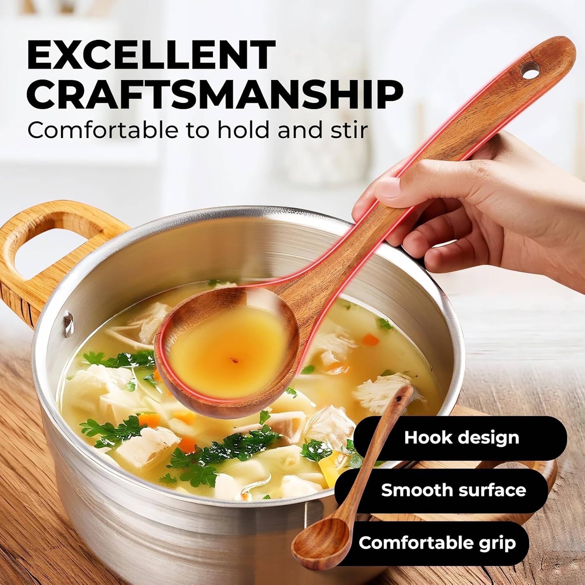 Premium Silicone 6-Piece Natural Teak Wooden Spoons for Cooking With 10 Hooks，Handcrafted Kitchen Utensils Set ，Ideal Gift Set - Premium Stainless Steel Cooking Utensil for Non-Stick Pots Detail
