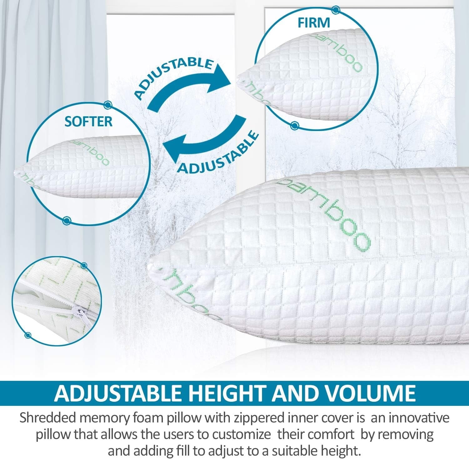 Fluffy Shredded Queen Size Bamboo Pillow, Memory Foam Bed Pillows with Washable Pillowcases, Queen - Orthopedic Shredded Foam Bed Pillow Set Detail