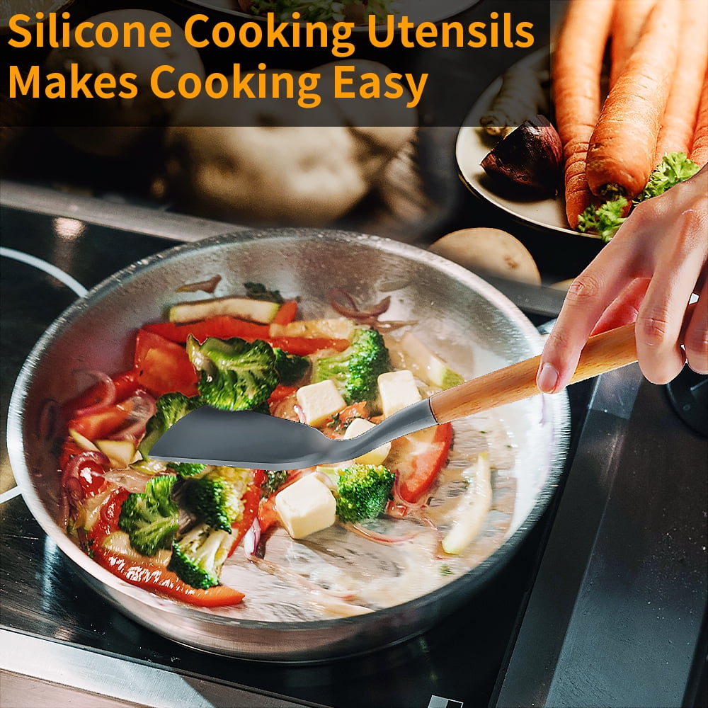 Heat-Resistant Silicone Wooden Heat Resistant Kitchen Utensil Set, 12 pcs - Durable Turner & Ladle Utensil Set for Home Chefs Detail