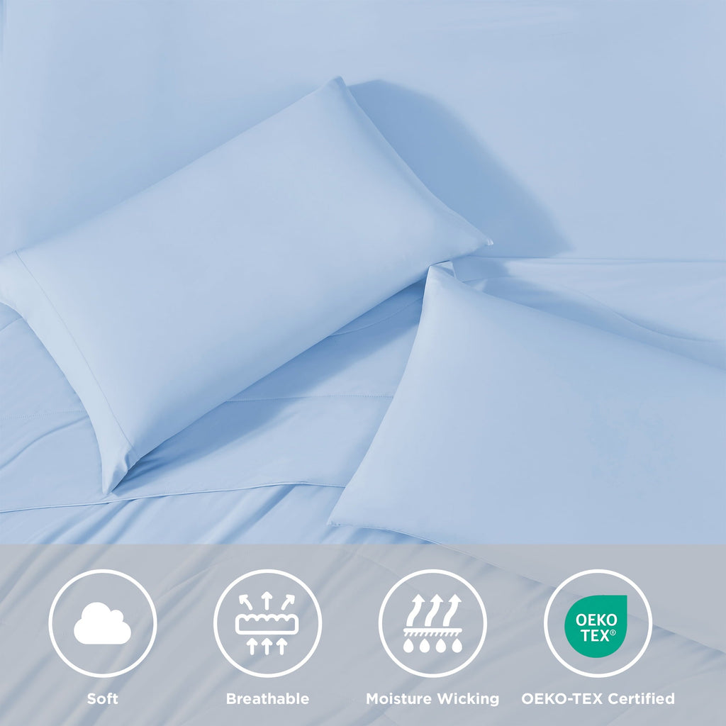 Wrinkle-Resistant Full/QueenSize Sheet Set, 3 Piece Cooling Bed Sheet with Deep Pocket for Hot Sleepers, Ice Blue - Luxury Bed Sheet Set with Deep Pockets Detail