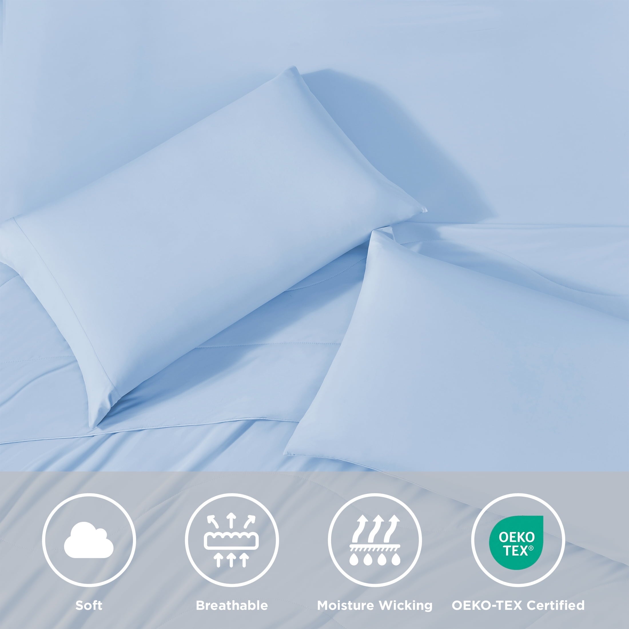 Wrinkle-Resistant Full/QueenSize Sheet Set, 3 Piece Cooling Bed Sheet with Deep Pocket for Hot Sleepers, Ice Blue - Luxury Bed Sheet Set with Deep Pockets Detail