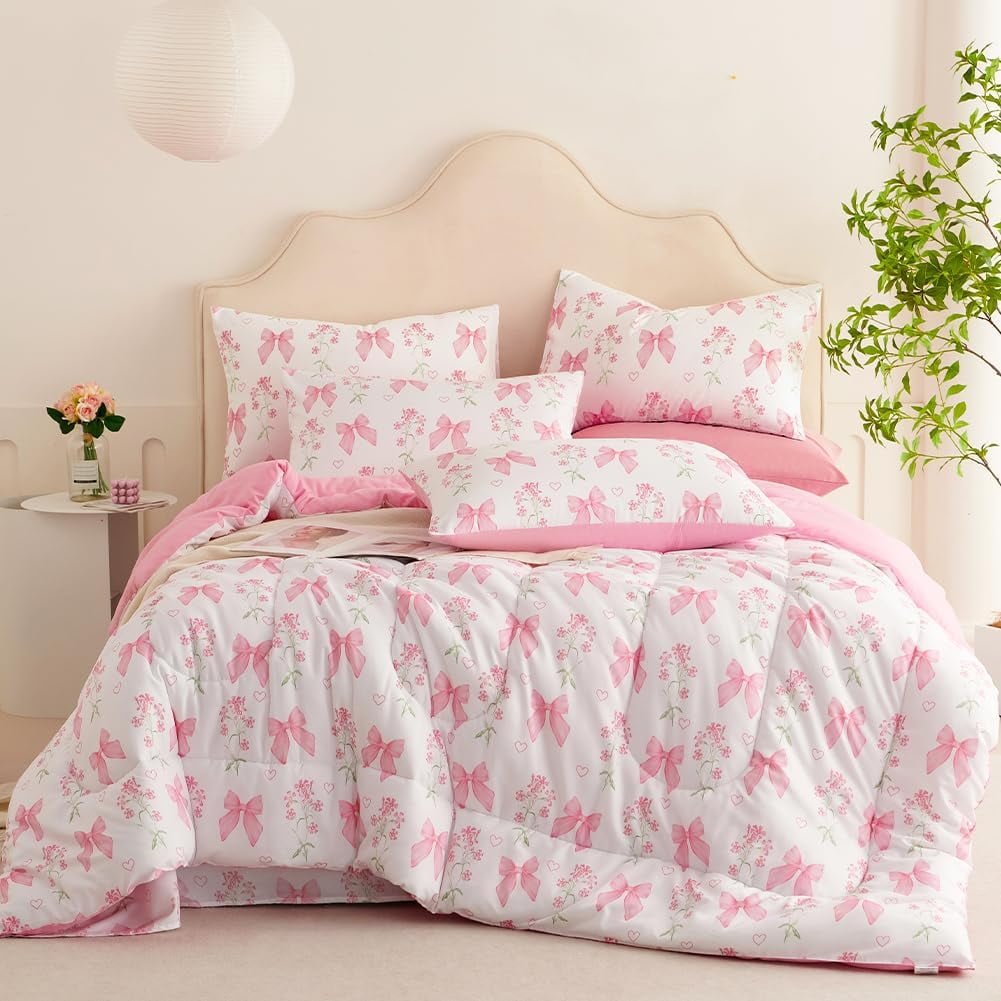 Fluffy Down Alternative Pink Bowknot Girls Comforter Set Twin Size, 3 Pieces Bows Princess Style Bedding Set for Girls for All Season - Hypoallergenic Ultra-Fluffy Quilt for Winter Detail