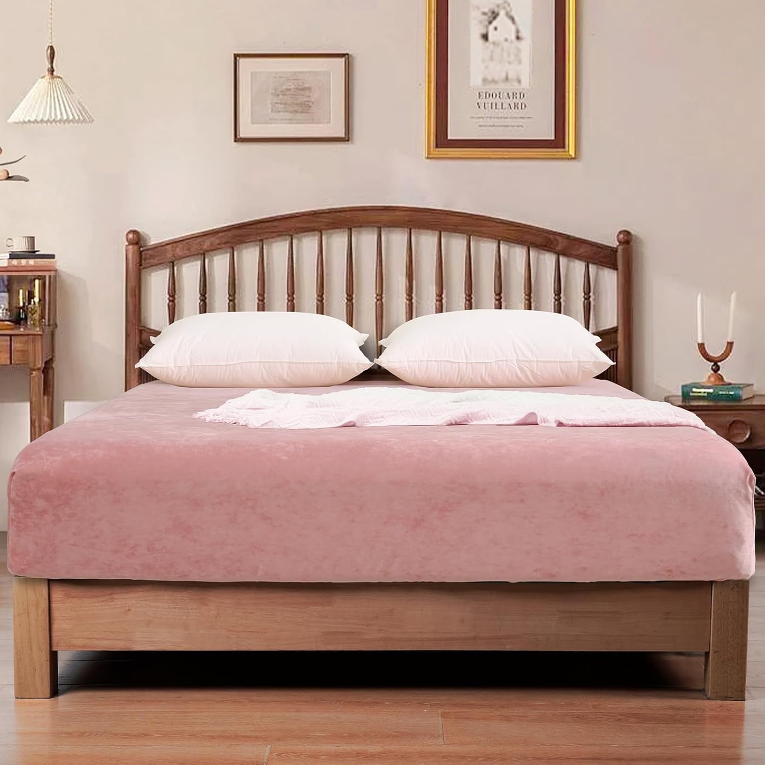 Cooling Sateen Truly Velvet Fitted Sheet Twin Size, Luxury Super Soft Flannel Bottom Sheet with 15" Deep Pocket for Winter, Pink - Premium Ultra-Soft Pillowcase Pair for Sleeping Detail