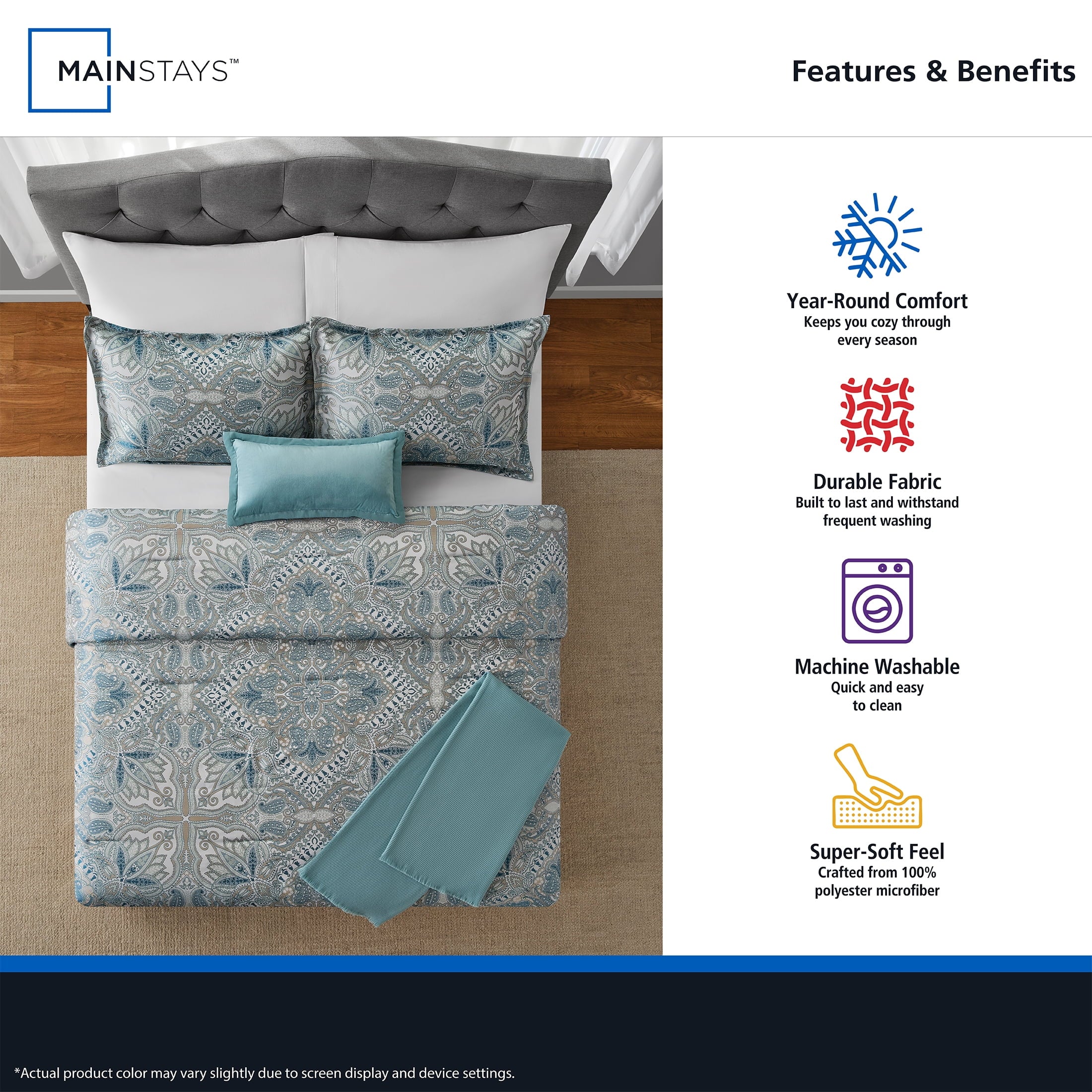 Heavyweight Warmth Full/Queen Comforter Set, All-Season, 5-Piece, Teal Jacquard Medallion - Cloud-Like Soft Lightweight Bed Comforter Detail