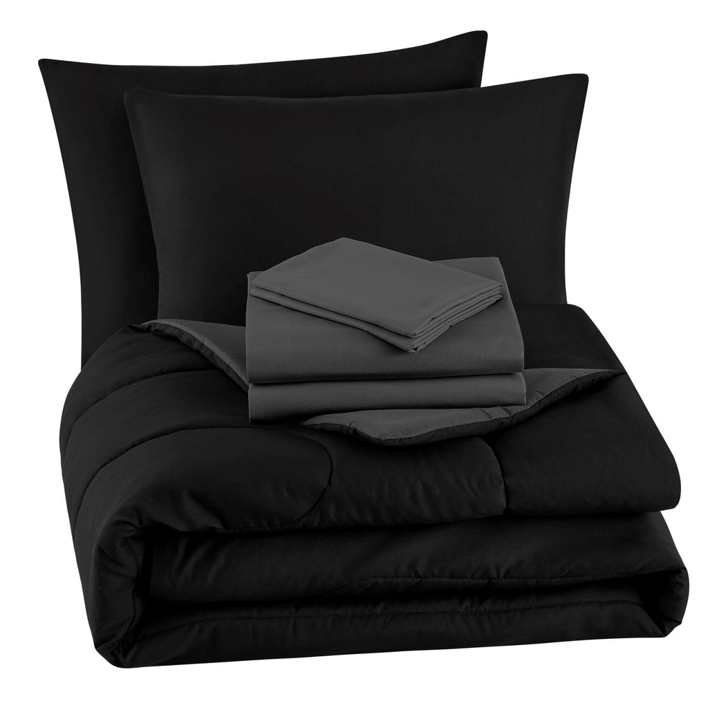 Hypoallergenic Cloud 7 Piece Reversible Bed in a Bag Comforter Set with Sheets, Black, King - Hypoallergenic Ultra-Fluffy Quilt for Winter Detail