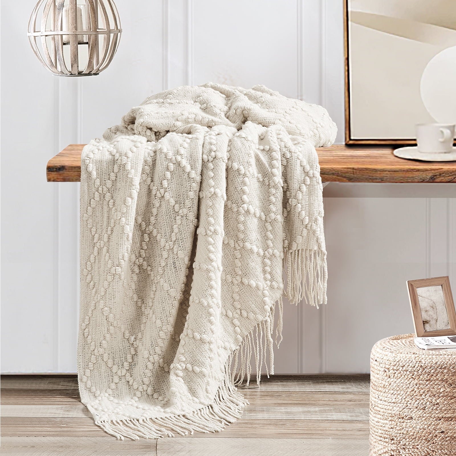 Cozy Fleece Texture Pure Color Soft Throw Blanket and Sofa Or Bed Knitted Decorative Blanket 50 x70 inches Jacquard Diamond Beige... - Lightweight Plush Warm Blanket for All Seasons Detail