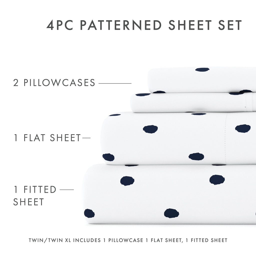 Premium Egyptian Cotton 4 Piece Pattern Microfiber Bed Sheets Set, Navy Dots, California King - Luxury Bed Sheet Set with Deep Pockets Detail