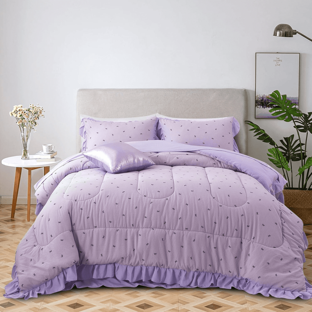 Luxurious Quilted 6 Piece Delicate Bows Purple Bedding Set Ruffle Princess Style Comforter Set Bed in a Bag - Luxurious Quilted Duvet Cover Set Detail