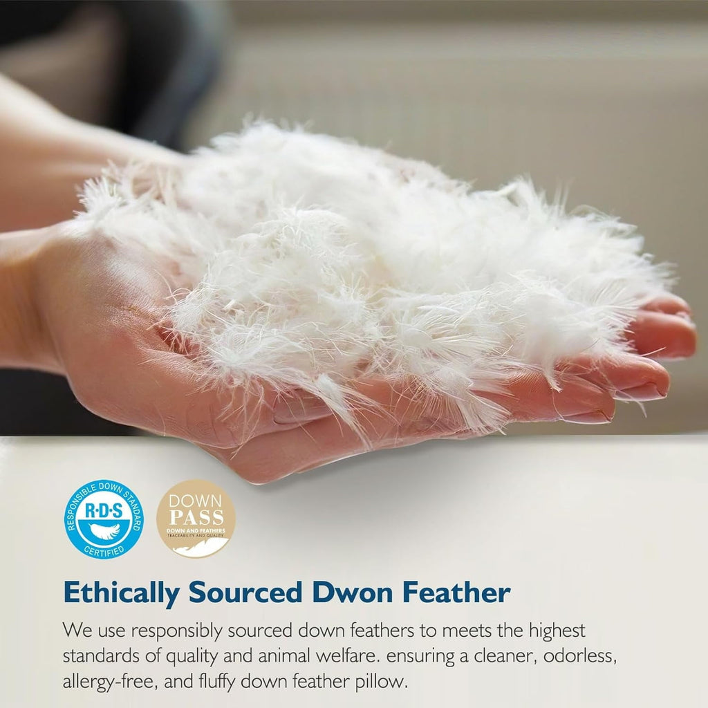 Ergonomic Memory Foam Hypoallergenic 3‑Chamber Goose Feather Down Core Bed Pillows, Standard Size Set of 2, With Microfiber Surround, Soft-... - Decorative Throw Pillow Cushion for Sofa & Bed Detail