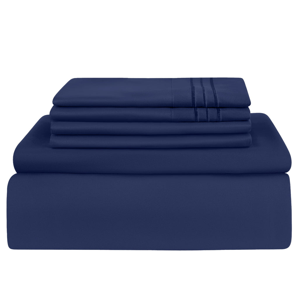 Wrinkle-Resistant Queen Bed Sheets Set, 6 Pc Microfiber Bed Sheets, Extra Deep Pocket Queen Fitted Sheet, Flat Sheet & Pillowcases, Nav... - Luxury Bed Sheet Set with Deep Pockets Detail