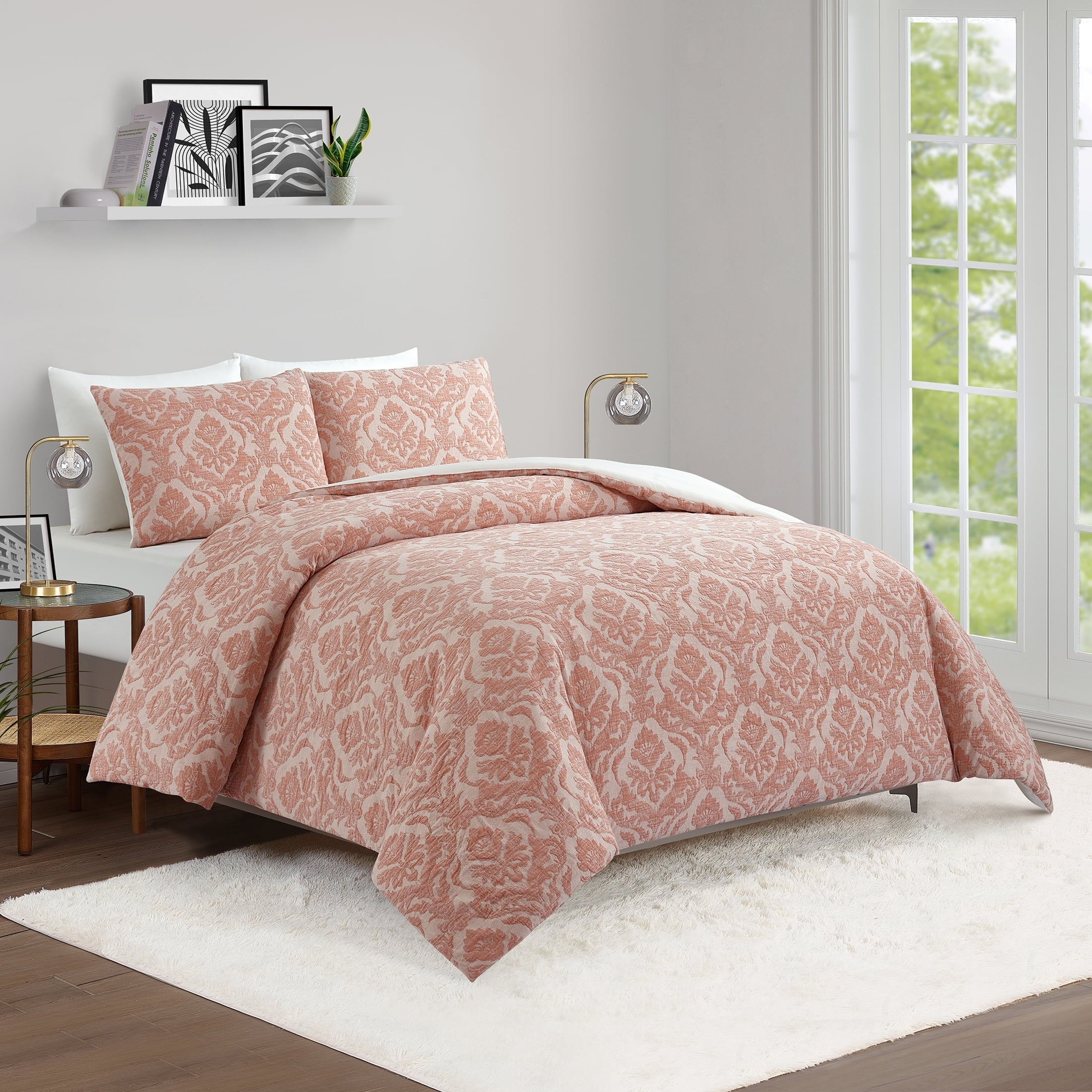 Heavyweight Warmth Woven Damask 2-Piece Comforter Set, Blush, Full Queen, All Ages - All-Season Down Alternative Comforter Insert Detail