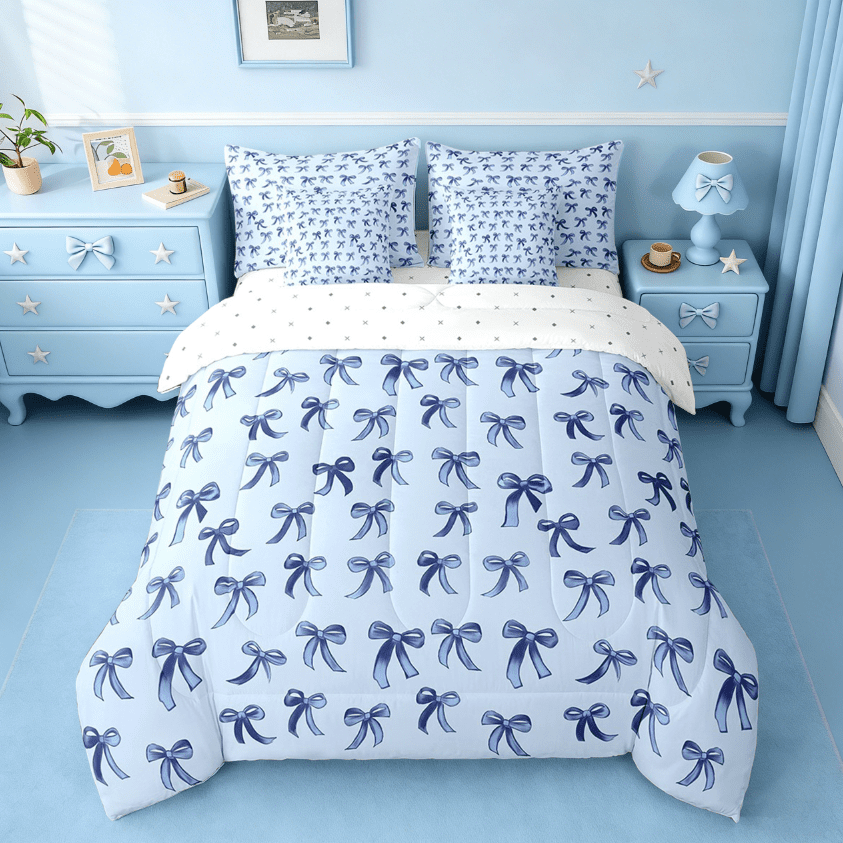 Luxurious Quilted Cute Bowknot Twin Bedding Sets 7-Piece,Girls Ribbon Bow Bedding Comforter Set,Dreamy Blue Sheet Sets For Girls,Super ... - Cloud-Like Soft Lightweight Bed Comforter Detail