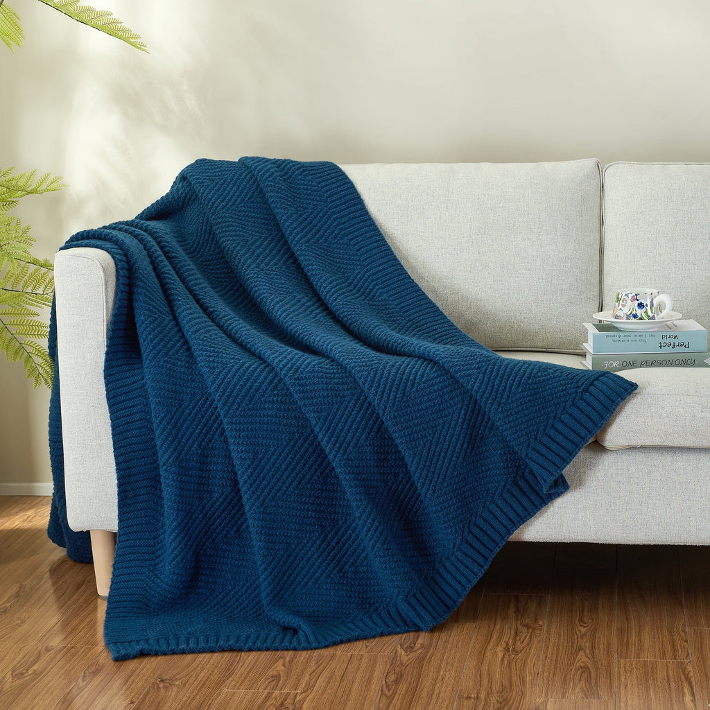 Super Soft Flannel Soft Knitted Throw Blanket 50" x 60" Navy Blue, Boho Chevron Farmhouse Throw for Bed Couch - Cozy Fleece Throw Blanket for Couch & Bed Detail