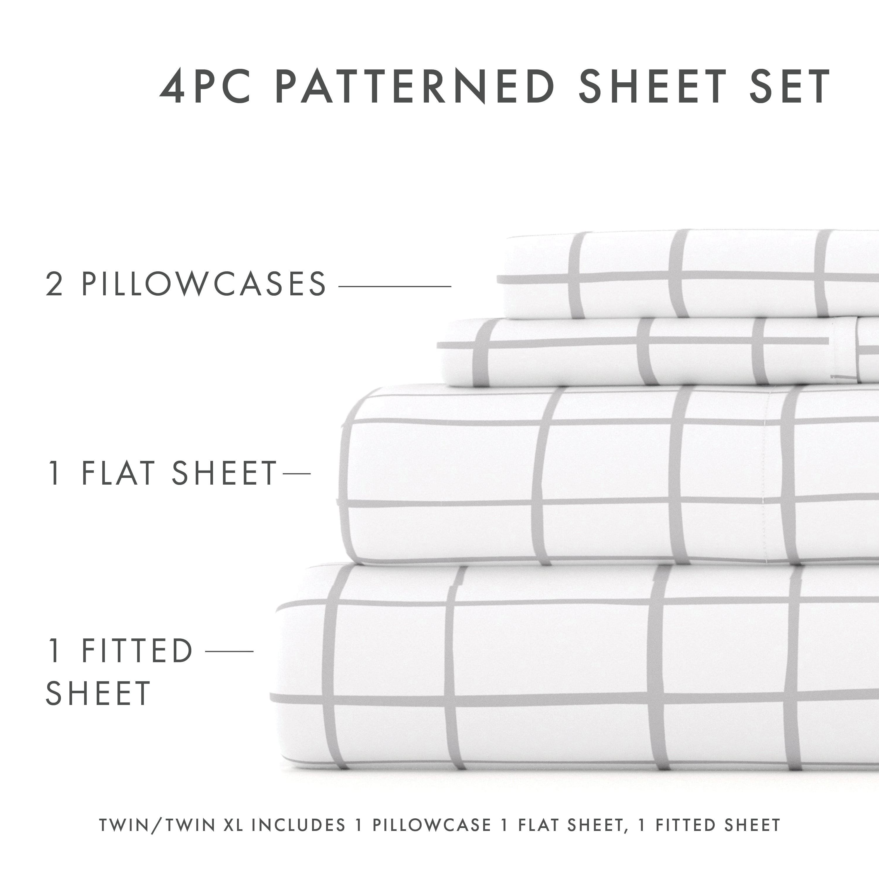 Cooling Sateen 4 Piece Pattern Microfiber Bed Sheets Set, Light Gray Crossroad, Twin - Breathable Egyptian Cotton Flat & Fitted Sheets Detail