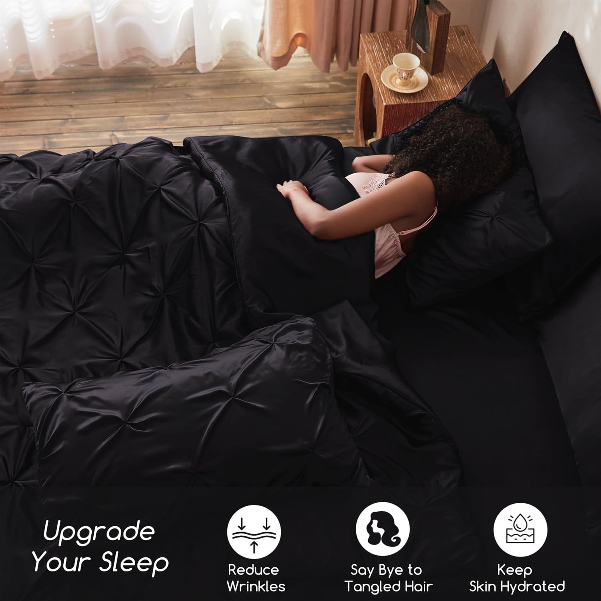 Hypoallergenic Cloud Satin Comforter Set 7 Pieces Queen Size - Luxurious Pinch Pleat Bed in a Bag with Satin Comforter, Satin Sheets, Sati... - Luxurious Quilted Duvet Cover Set Detail