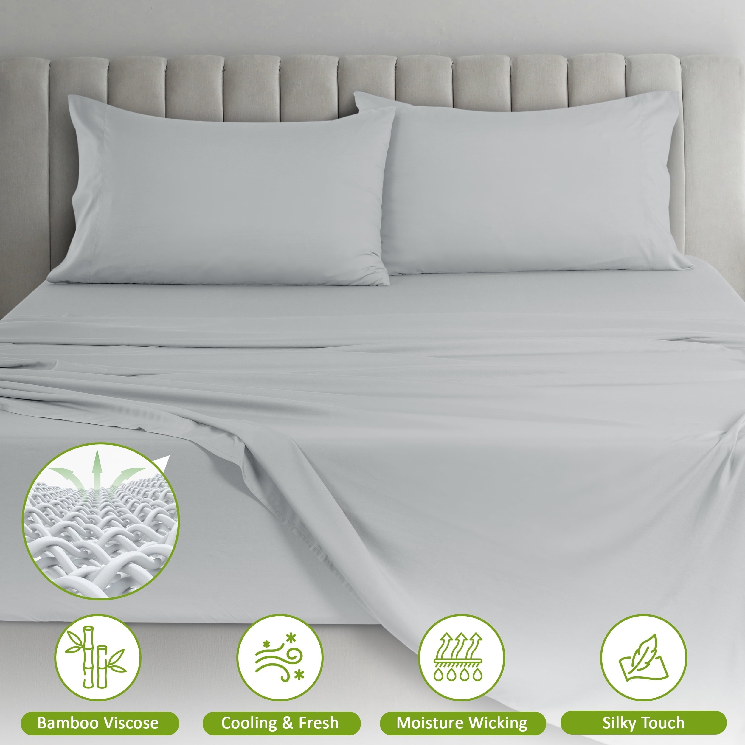 Wrinkle-Resistant Rayon - 4 Piece Cooling Bed Sheets Set, Gray - Luxury Bed Sheet Set with Deep Pockets Detail