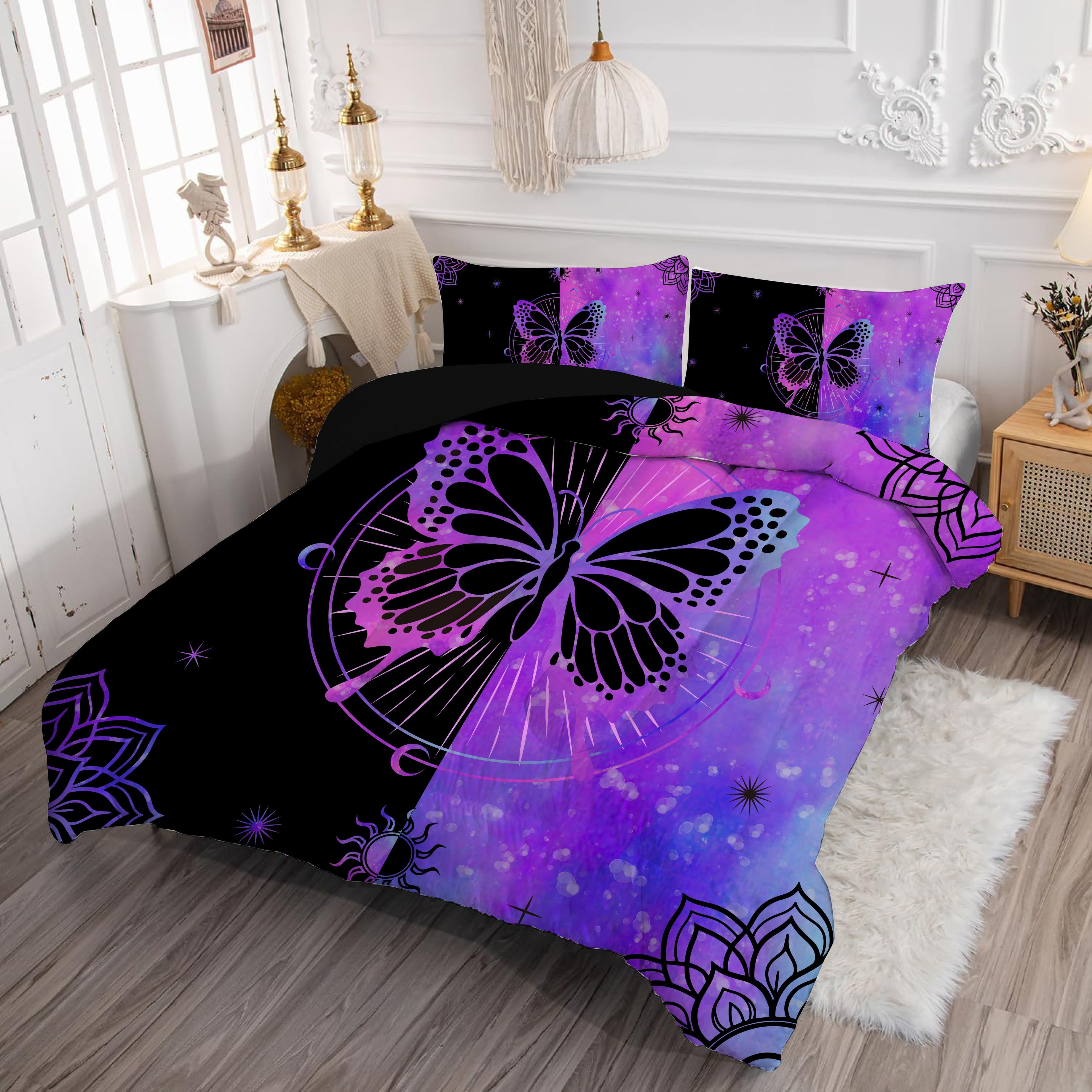 Luxurious Quilted Butterfly Comforter Set Full Size for Girls Kids Teens Black Blue Purple Tie Dye Bedding Set 3 Pieces - Hypoallergenic Ultra-Fluffy Quilt for Winter Detail