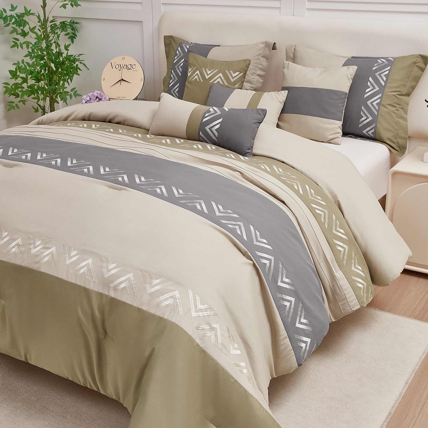 Heavyweight Warmth 7 Piece Embroidery Design Bed-in-a-Bag, Taupe Queen Size Ultra Soft Comforter Set for Adults - Luxurious Quilted Duvet Cover Set Detail