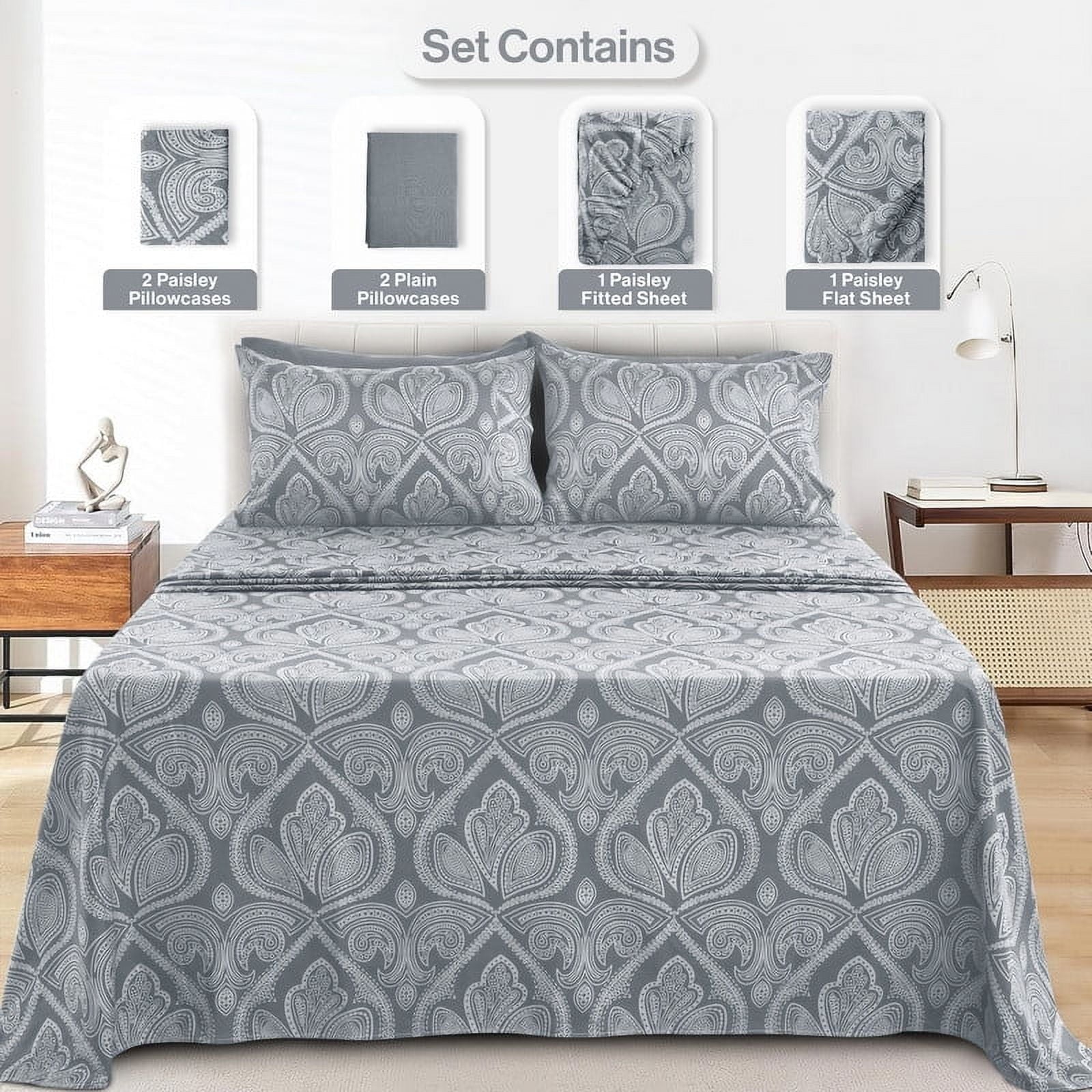 Wrinkle-Resistant 6-Piece Bed Sheet Set, Deep Pocket Queen Sheets Up to 16 Inch, 1 Flat Sheet , 1 Fitted Sheet & 4 Pillowcases (Queen, ... - Luxury Bed Sheet Set with Deep Pockets Detail