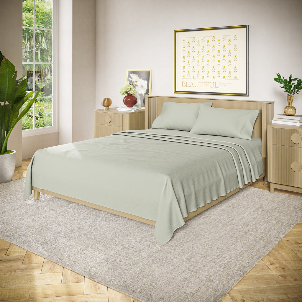 Cooling Sateen Solid 4-Piece 100% Cotton Washed Percale Sage Green Sheet Set, Full - Breathable Egyptian Cotton Flat & Fitted Sheets Detail