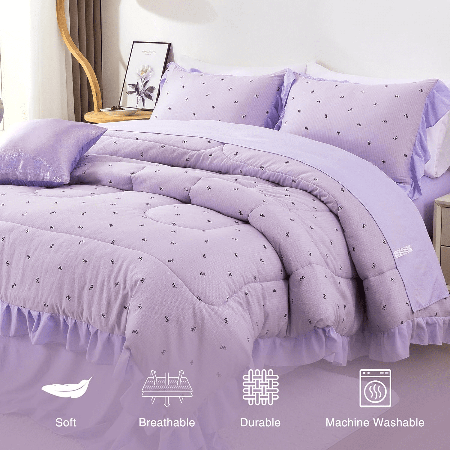 Luxurious Quilted 6 Piece Delicate Bows Purple Bedding Set Ruffle Princess Style Comforter Set Bed in a Bag - Luxurious Quilted Duvet Cover Set Detail