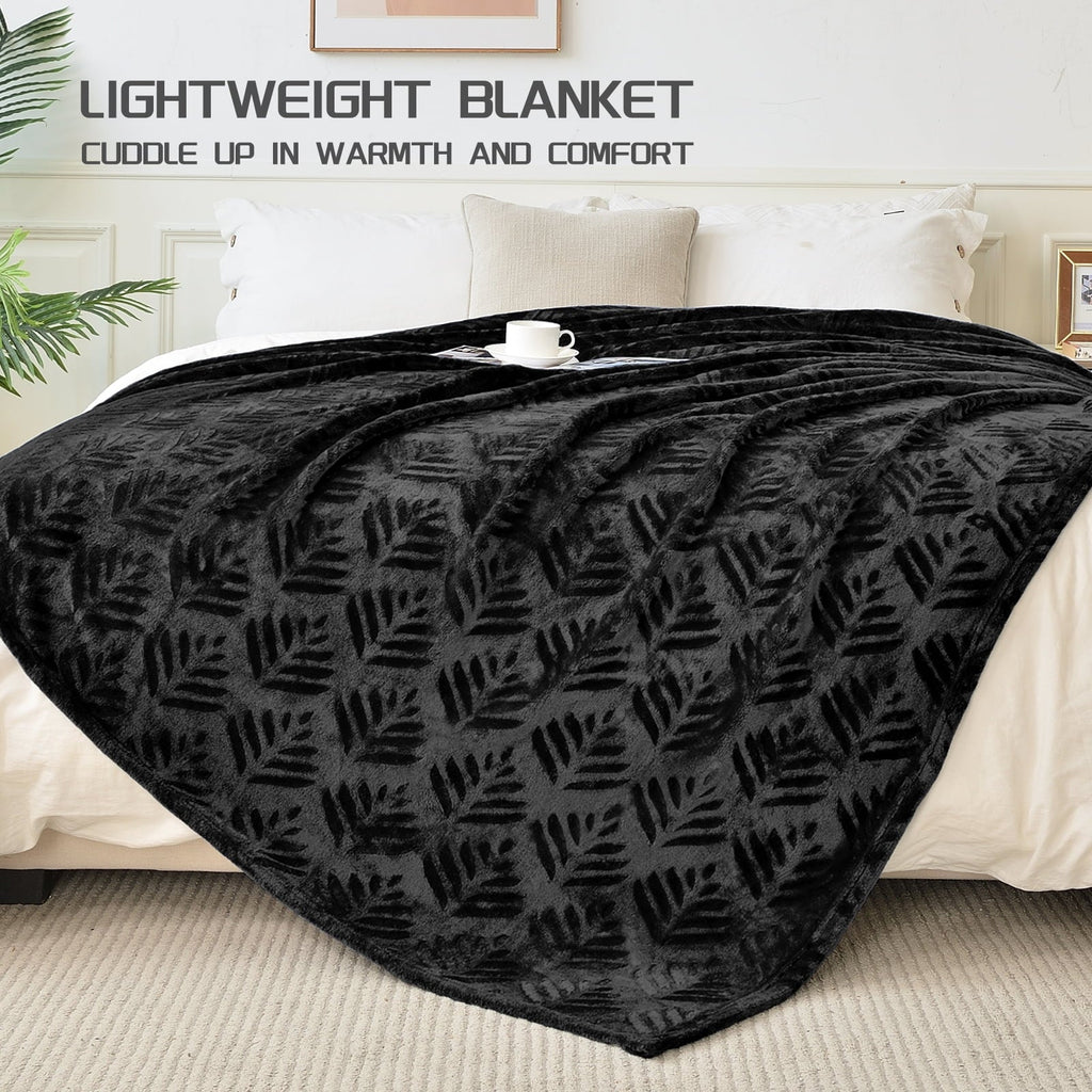 Decorative Knitted Fleece Throw Blanket for Couch, Leaves Pattern Super Soft and Cozy Blankets, Plush Fuzzy Lightweight, Black, 50"x60" - Cozy Fleece Throw Blanket for Couch & Bed Detail