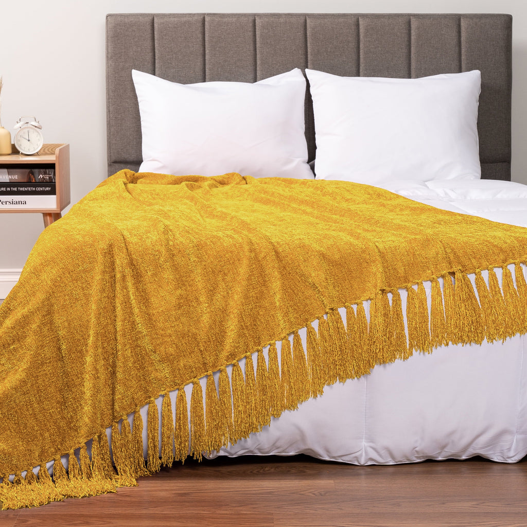 Reversible Sherpa Mustard Yellow Chenille Throw Blanket for Couch, Soft Gold Knit Blanket with Tassel Fringe, Woven Chenille Knitted De... - Cozy Fleece Throw Blanket for Couch & Bed Detail
