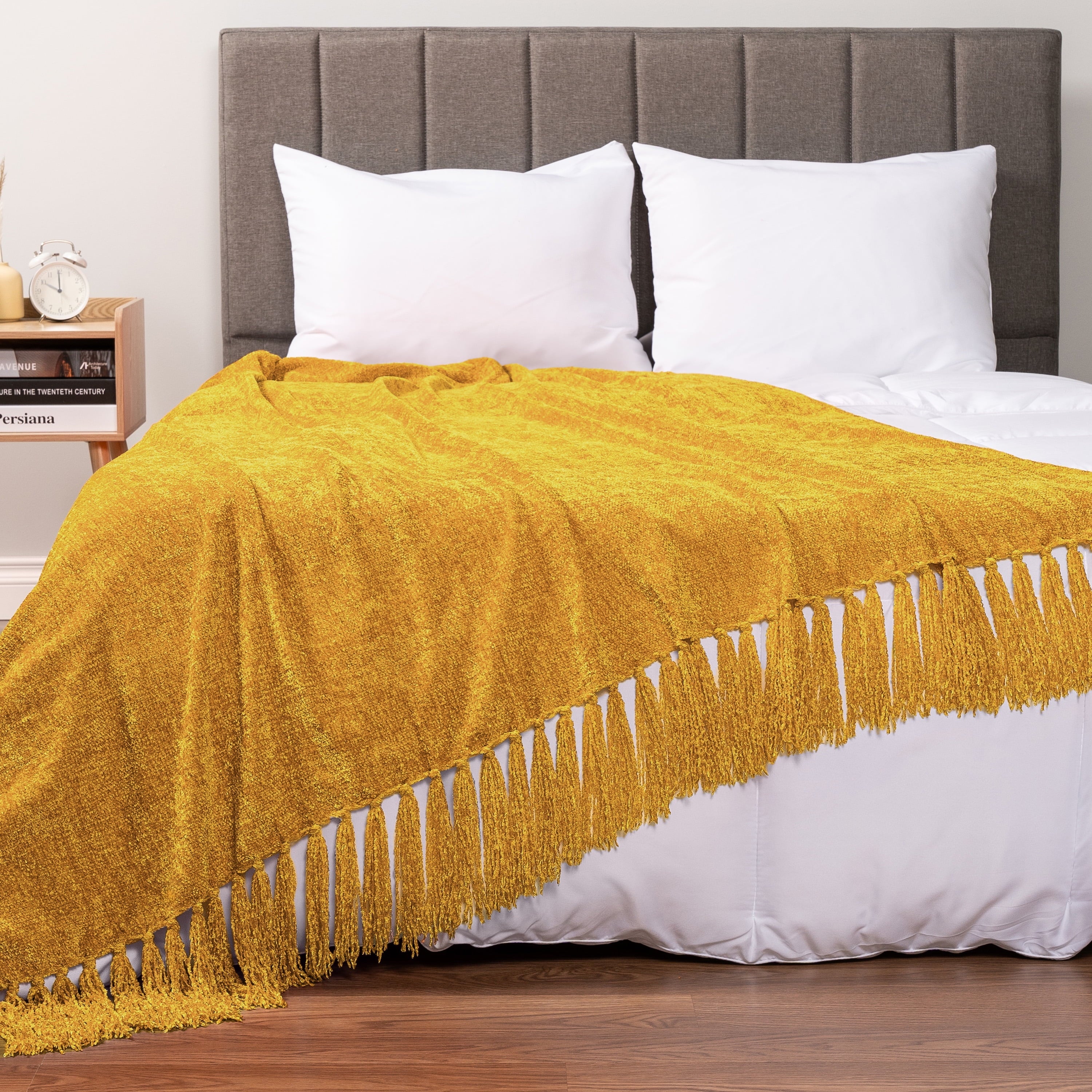 Reversible Sherpa Mustard Yellow Chenille Throw Blanket for Couch, Soft Gold Knit Blanket with Tassel Fringe, Woven Chenille Knitted De... - Cozy Fleece Throw Blanket for Couch & Bed Detail